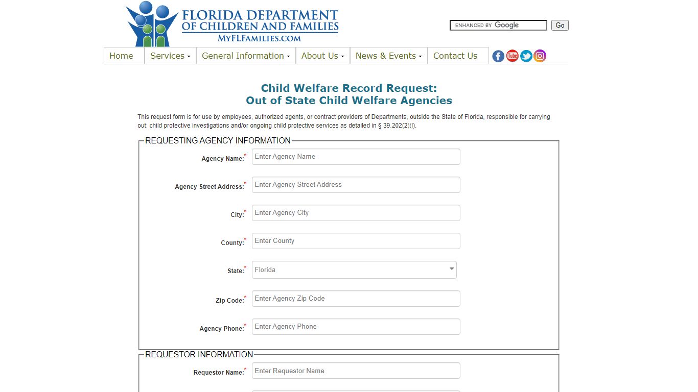 Child Welfare Record Request - Florida Department of Children and Families